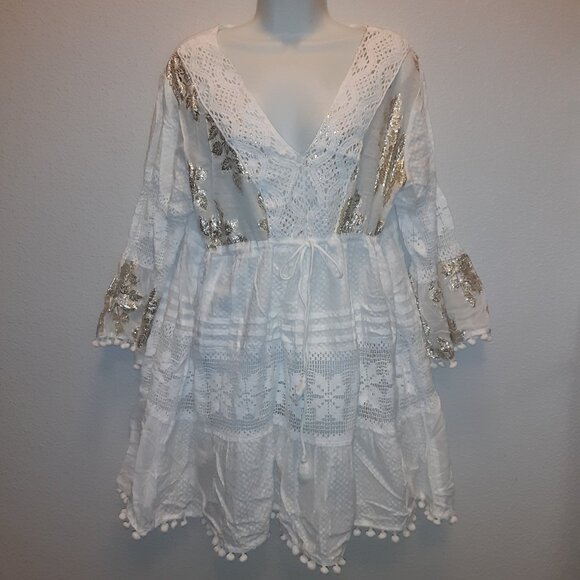 Croatian Swim Cover-Up * Dress / Tunic * White Cotton & Gold Thread* Embellished - Picture 5 of 5